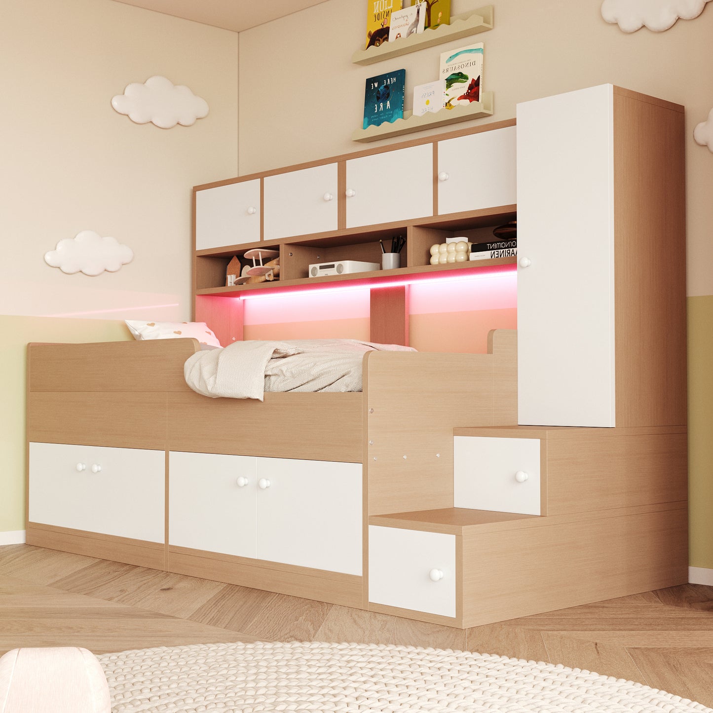 Gigab2b original image - Holzbetten Kinderbett 90 × 200 cm, Mit Stauraum, Ablagefächern, Kleiderschrank und eEinfacher Kletterleiter, Mit LED-Beleuchtung, Kinderbettrahmen Mit Sicherheitsgeländer, Holzfarbe