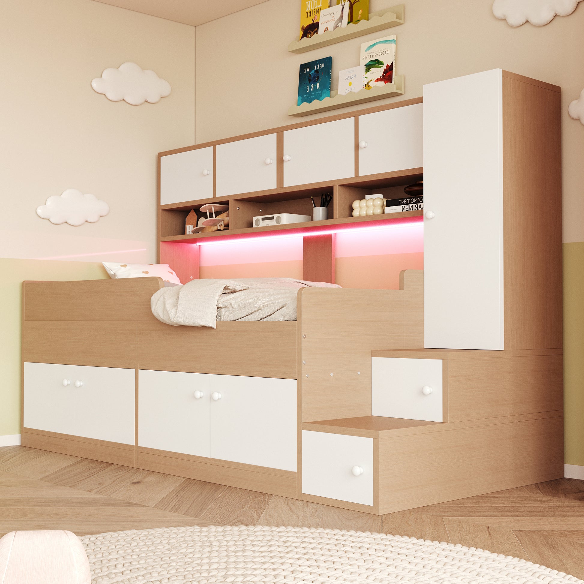 Gigab2b original image - Holzbetten Kinderbett 90 × 200 cm, Mit Stauraum, Ablagefächern, Kleiderschrank und eEinfacher Kletterleiter, Mit LED-Beleuchtung, Kinderbettrahmen Mit Sicherheitsgeländer, Holzfarbe