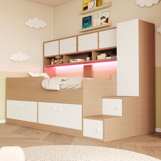 Gigab2b original image - Holzbetten Kinderbett 90 × 200 cm, Mit Stauraum, Ablagefächern, Kleiderschrank und eEinfacher Kletterleiter, Mit LED-Beleuchtung, Kinderbettrahmen Mit Sicherheitsgeländer, Holzfarbe