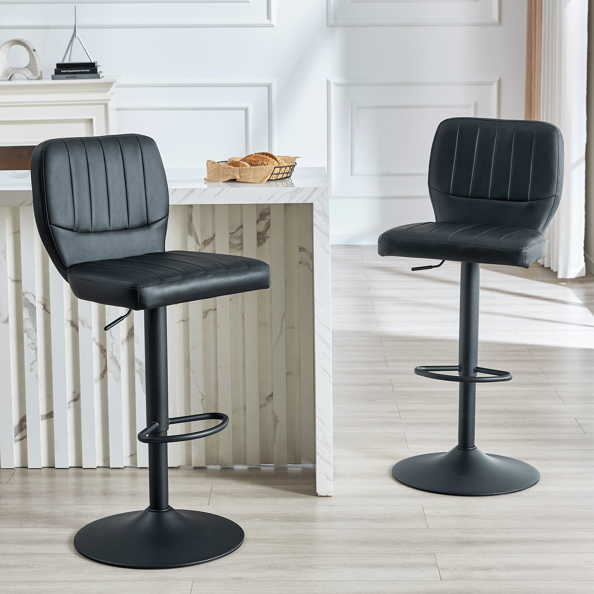 Barhocker höhenverstellbar 62-83cm, 360° drehbarer Barstuhl mit Rückenlehne & Fußstütze, Ergonomischer Küchenhocker aus Kunstleder, belastbar bis 136kg, Schwarz