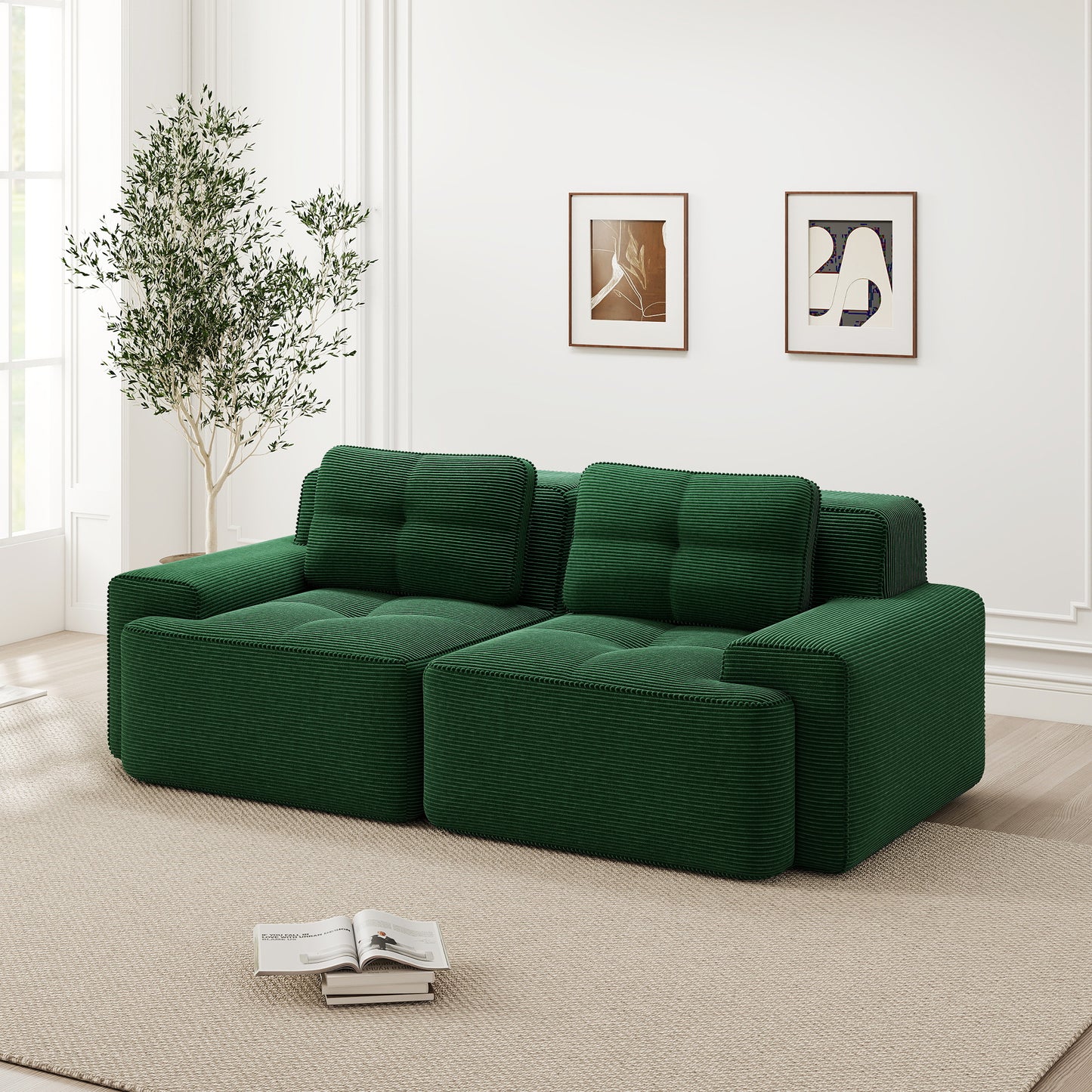 Boneless Modular Sofa, modernes Sofa für Wohnzimmer mit Tiefsitz, bequemes Corduroy-Cloud-Sofa, Loveseat-Kleinsofa, Schlafsofa, Grün