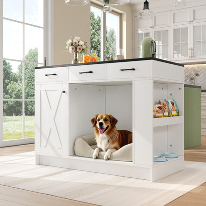 Kücheninsel, Schrank mit 3 Schubladen, 1 Gewürzablage, verstellbare Regalplatte, Doppelablage (ohne Hundefutterteller), geräumiger Haustieraufbewahrungsbereich (ohne Hundekissen), 120*60*90 cm, weiß