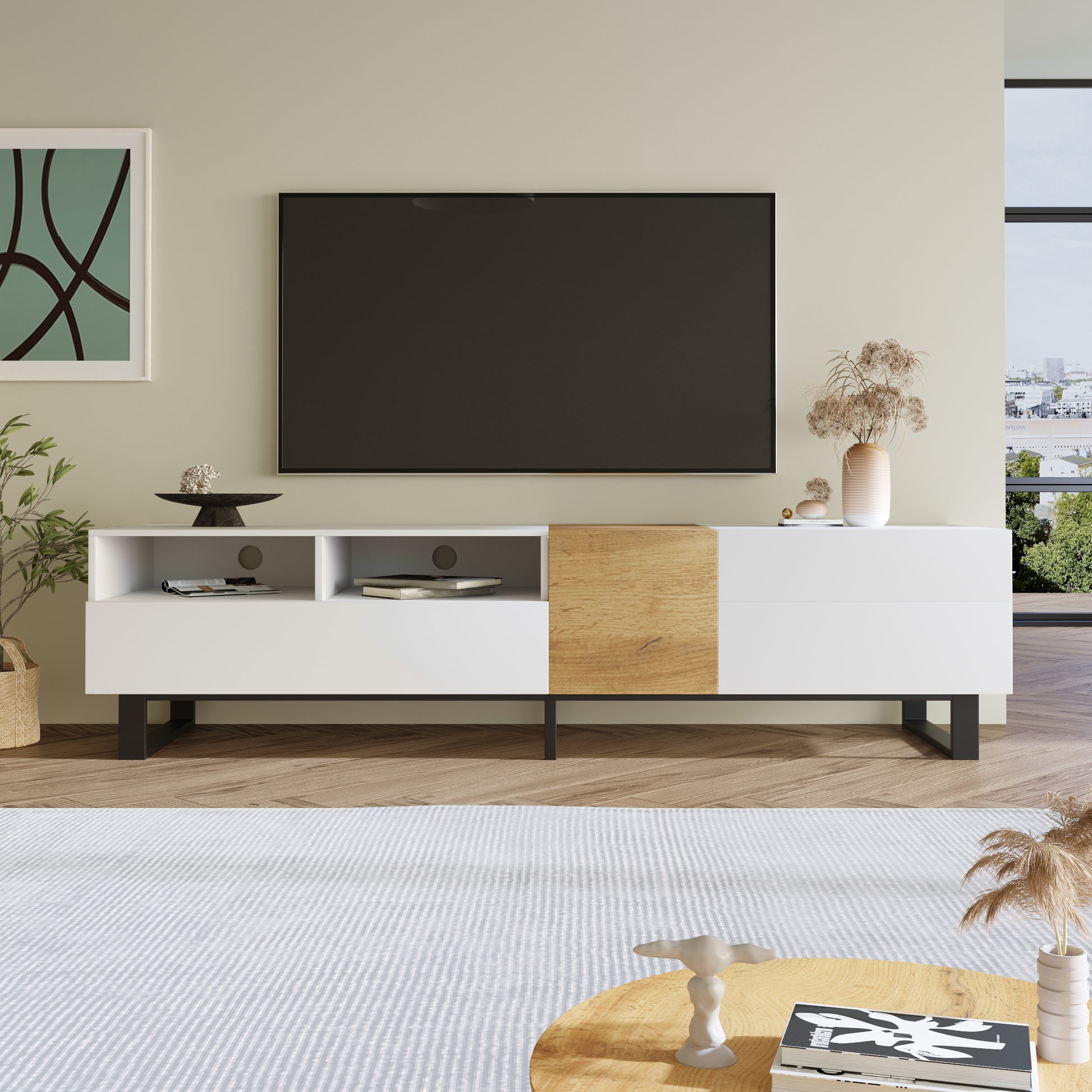 Gigab2b original image - Moderner TV-Schrank, Weiß- und Holzoptik, 180 x 50 x 38 cm, Minimalistisches Design