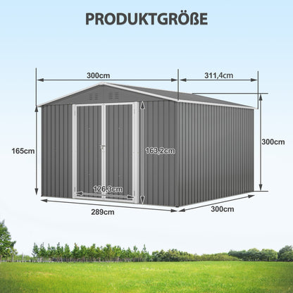10'x10' Metal Storage Shed with Floor Frame, Heavy Duty Steel Garden Shed, Lockable Doors & Weather Resistant for Backyard Patio Lawn – Grey