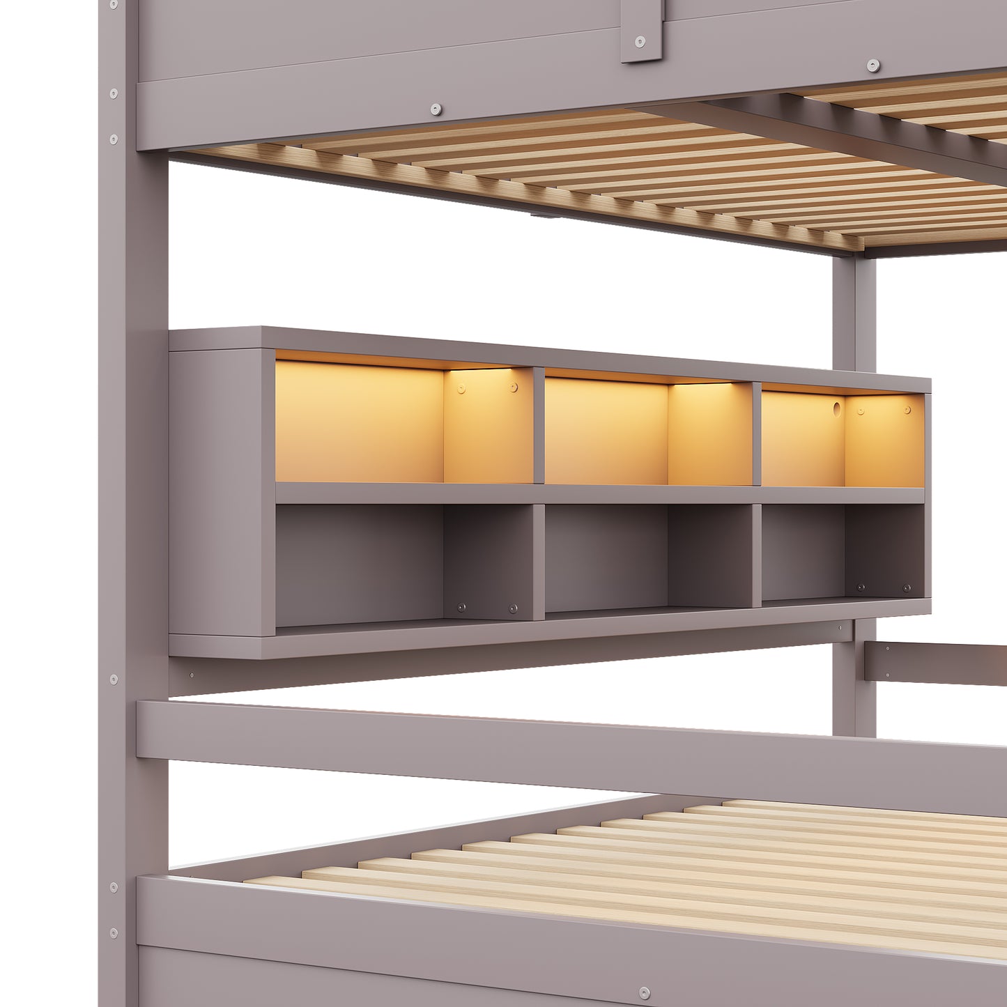 160x200 Etagenbett mit Stauraumschränken und LED-Licht, Braun