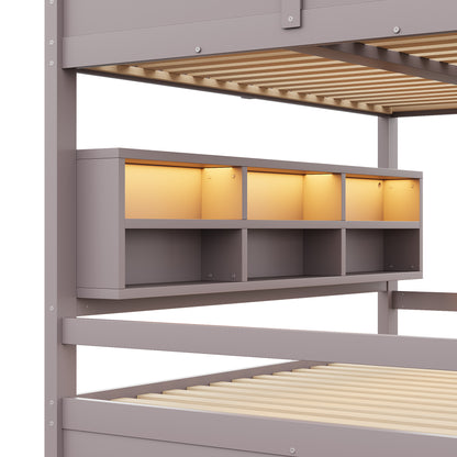 160x200 Etagenbett mit Stauraumschränken und LED-Licht, Braun