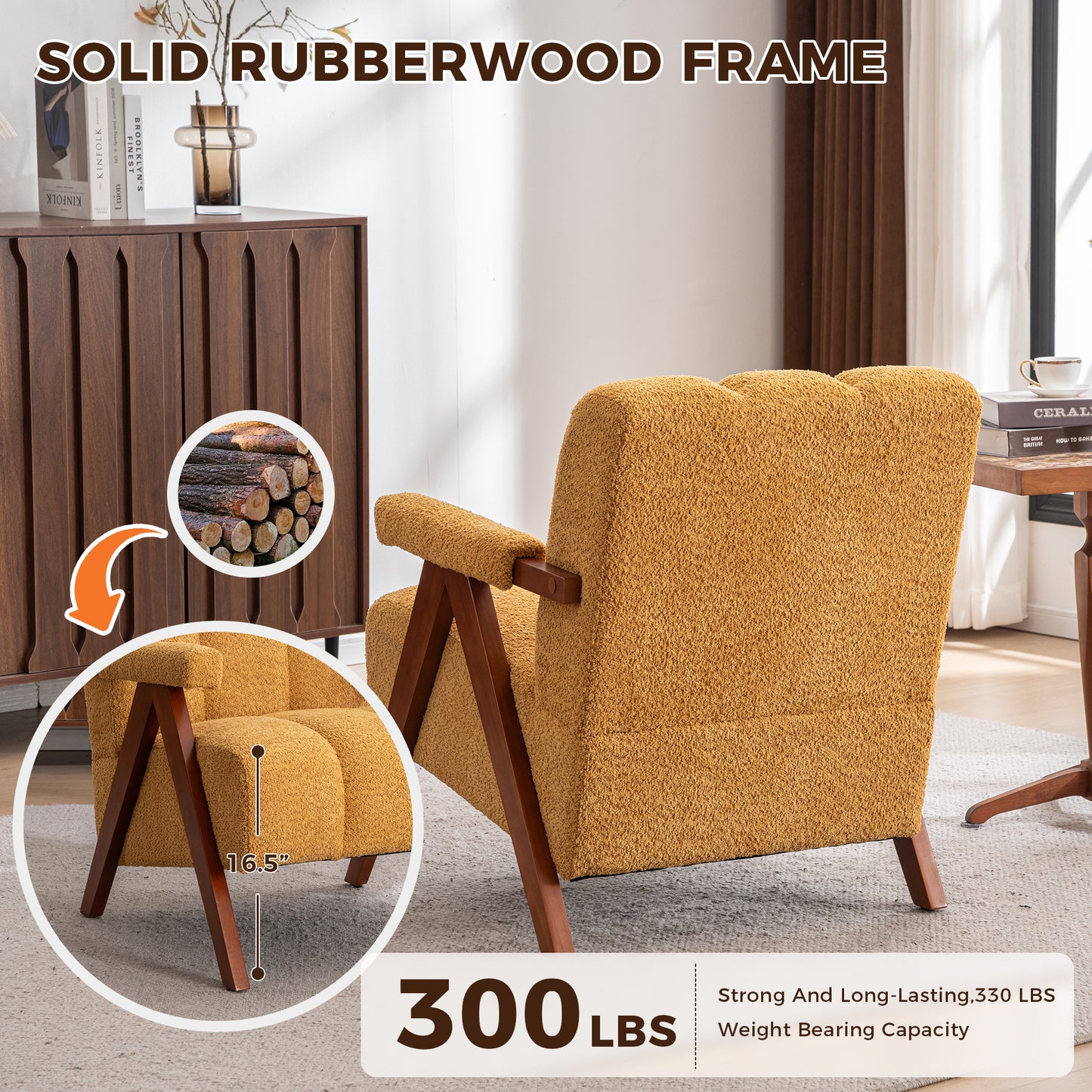 Bouclé-Sitzmöbel mit Holzrahmen, Armlehnenstuhl für Wohnzimmer, Schlafzimmer, Gelb