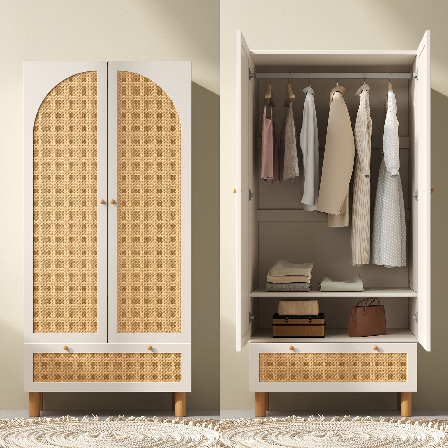 Gigab2b original image - Kleiderschrank Garderobenschrank mit 2 Türen & Rattan, Landhausstil Weiß mit großer Schublade, höhenverstellbaren Regalen & Kleiderstange, Inkl. Kippsicherung, 180x85x52 cm (H/B/T)