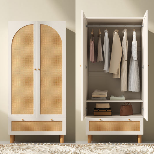 Gigab2b original image - Kleiderschrank Garderobenschrank mit 2 Türen & Rattan, Landhausstil Weiß mit großer Schublade, höhenverstellbaren Regalen & Kleiderstange, Inkl. Kippsicherung, 180x85x52 cm (H/B/T)