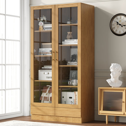 Gigab2b original image - Glasvitrine (Büroschrank/Bücherregal/Aktenschrank/Aufbewahrungsregal) – Versetzte, nicht verstellbare Fachböden, grifflose Push-To-Open-Schubladen, 80*40*160 cm, Holzfarbe