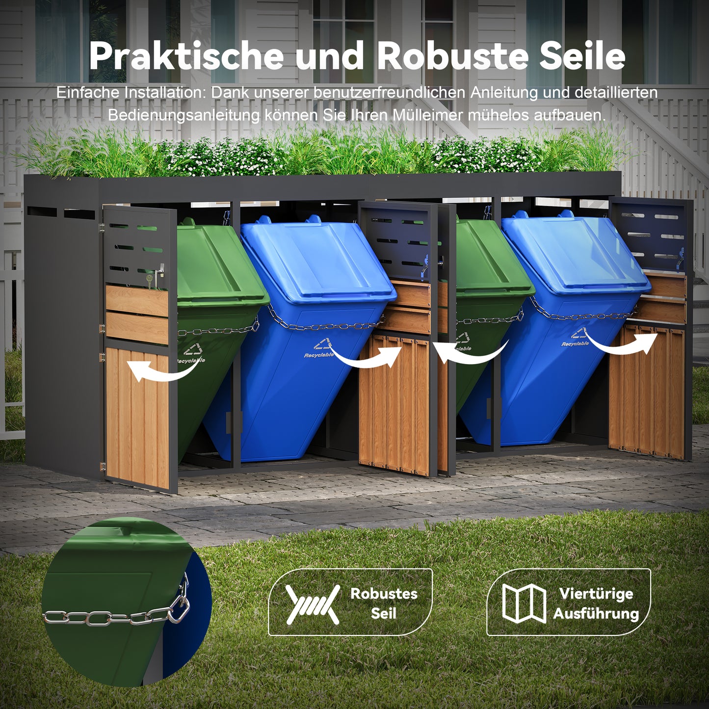 Multifunktionaler Außenschrank mit integriertem Pflanzkasten, Lamellenbelüftung, vier separaten Fächern, verzinktem Stahlrahmen und Sicherungskette – für Lagerung & Gartendekoration (ohne Abfalleimer)