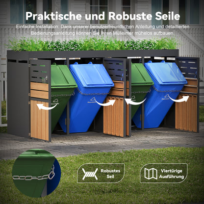 Multifunktionaler Außenschrank mit integriertem Pflanzkasten, Lamellenbelüftung, vier separaten Fächern, verzinktem Stahlrahmen und Sicherungskette – für Lagerung & Gartendekoration (ohne Abfalleimer)