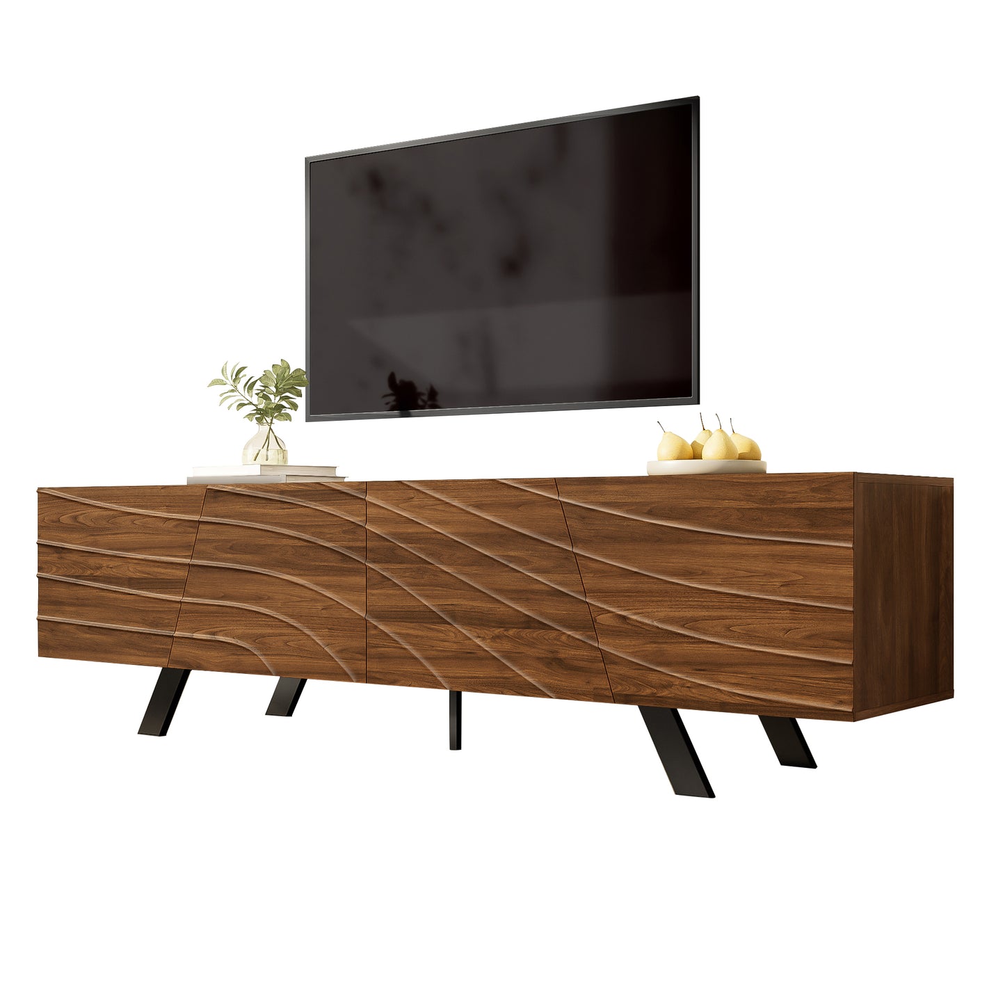 Gigab2b original image - Moderner TV-Schrank mit Wellenfront – Lowboard im Walnuss-Look mit schwarzen Eisenbeinen, großem Stauraum, Kabelmanagement & Ablage – TV-Möbel für Wohnzimmer, Flur (160×39×50.5 cm)