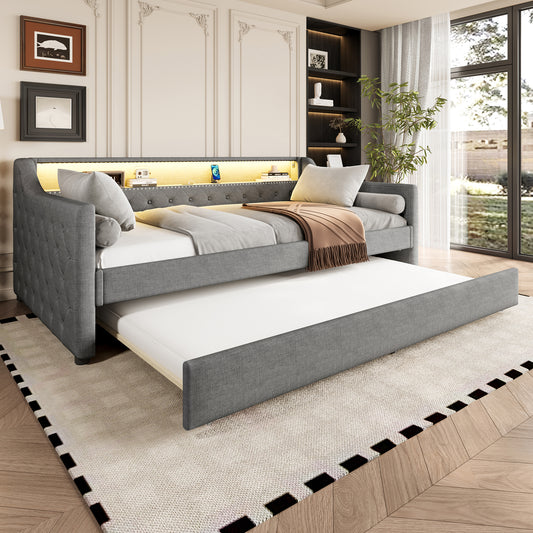 Daybett, 90 x 200cm, Schlafsofa, Tagesbett mit Lattenrost (ohne Matratze),  Mit LED-Leuchten, Bett mit ausziehbarem Bett, USB-Ladebuchse, Linen, Grau