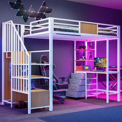 Gigab2b original image - Hochbett 90*200 aus Metall mit Schreibtisch, Ablagefächern, Kleiderstange, LED-Beleuchtung und Steckdose Multifunktionale Etagenbett ist ideal für Büros, Arbeitszimmer und kleine Zimmer.