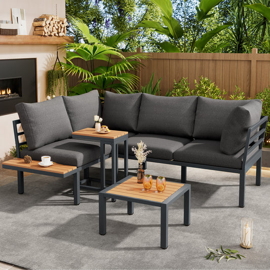 Gigab2b original image - Gartenmöbel Set, Sofa + Beistelltisch + Couchtisch (kann als Fußhocker verwendet werden), verzinktes Stahlrohr, Tischplatte aus Kunststoffholz, geeignet für Balkon und Garten, grau + schwarz