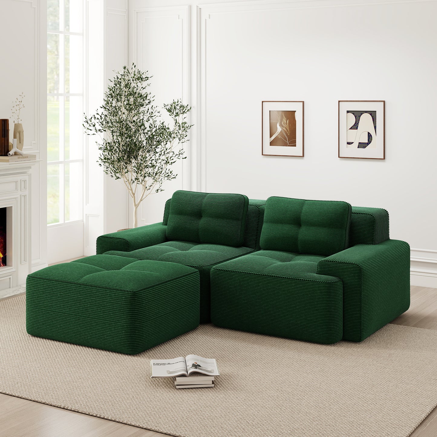 Boneless Modulsofa, Modernes L-förmiges Modulsofa für Wohnzimmer mit Tiefem Sitz, bequemes Corduroy-Cloud-Sofa mit Ottoman, Getuftetes Zweisitzer-Schlafsofa, Grün