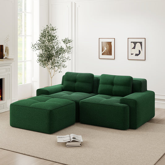 Boneless Modulsofa, Modernes L-förmiges Modulsofa für Wohnzimmer mit Tiefem Sitz, bequemes Corduroy-Cloud-Sofa mit Ottoman, Getuftetes Zweisitzer-Schlafsofa, Grün