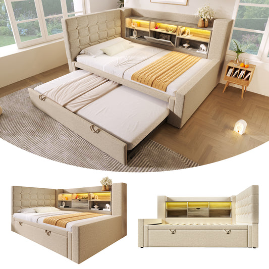 Gigab2b original image - Polsterbett Bett 90x200 cm mit Ausziehbett 90x190,  und LED-Beleuchtung,Struraumbett,  L-förmigem Kopfteil mit Stauraum, beidseitig montierbar, Lattenrost, Leinen, Beige (Ohne Matratze)