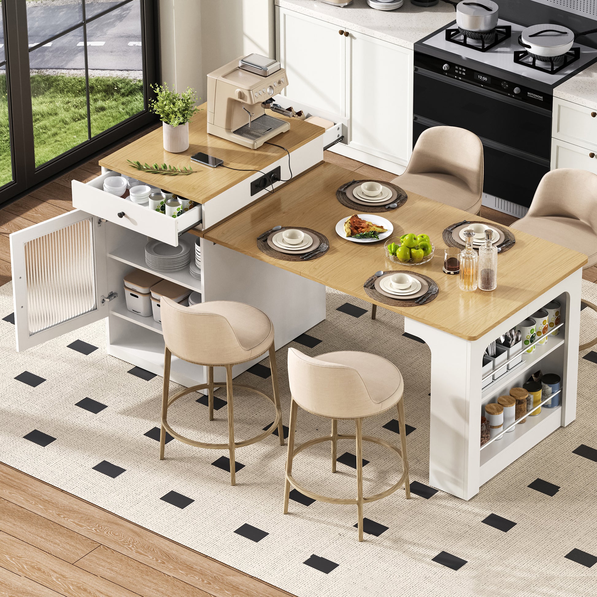 Gigab2b original image - Kücheninsel mit Rollen, Ausziehbarer Esstisch mit abnehmbarer Tischplatte, Bartisch mit Steckdosenleisten, dient als Kücheninsel, Anrichte, Sideboard oder Bartisch für Küche und Esszimmer (Weiß)