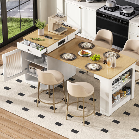 Gigab2b original image - Kücheninsel mit Rollen, Ausziehbarer Esstisch mit abnehmbarer Tischplatte, Bartisch mit Steckdosenleisten, dient als Kücheninsel, Anrichte, Sideboard oder Bartisch für Küche und Esszimmer (Weiß)