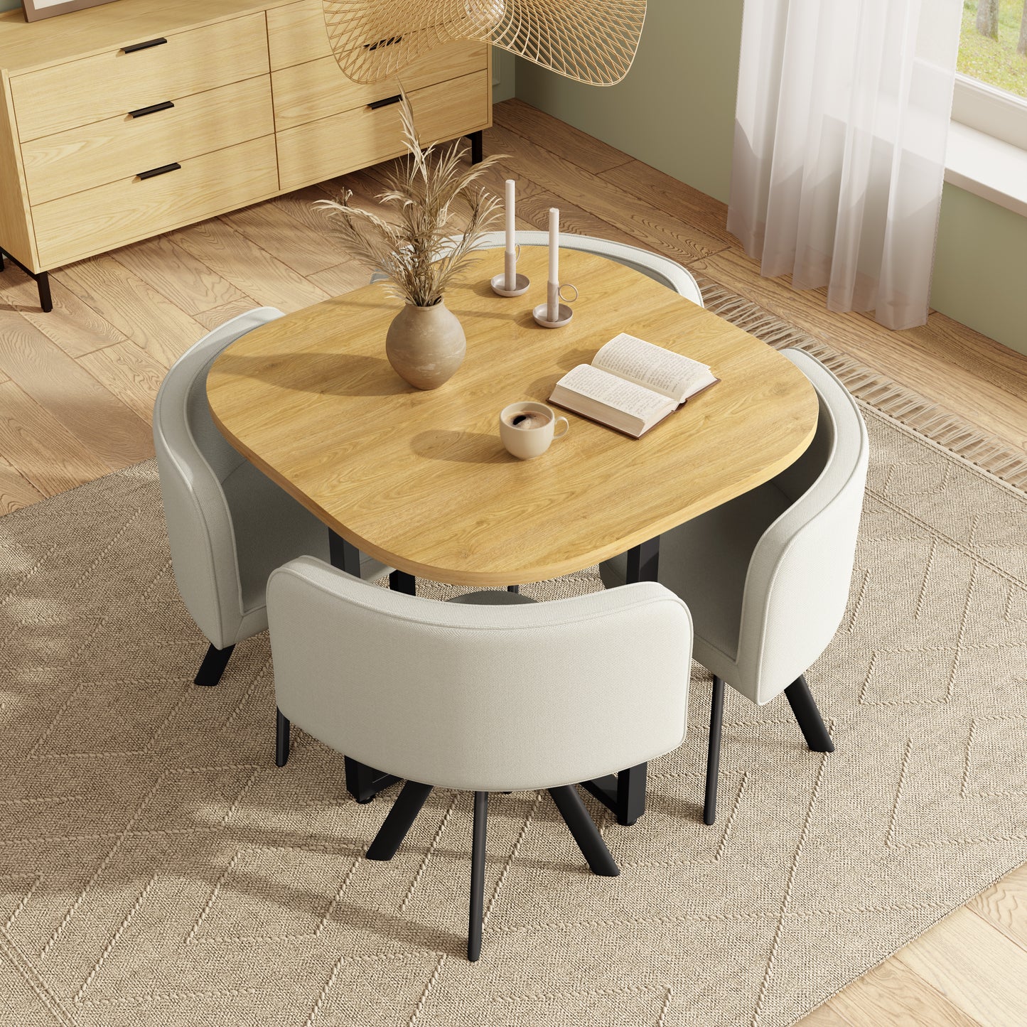Esstisch und Stuhlset fur 4 Personen,bestehend aus einem Esstisch 85 x 85 cm und vier mit Leinen bezogenen