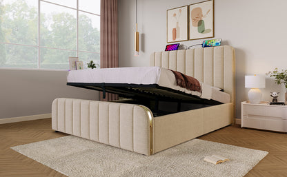 Polsterbett Doppeltes, gepolstertes Kopfteil mit goldenen Zierstreifen und ,USB Typ-C Ladefunktion 140*190 cm, Beige Leinen-Material Hydraulisches Lagerbett,Belastbarkeit 181 kg (Ohne Matratze)