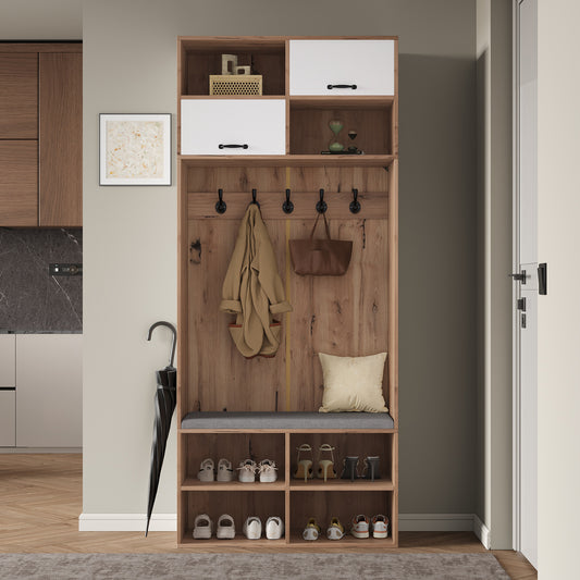 Gigab2b original image - Garderobenset, Komplett-Set Flurgarderobe mit Sitzbank, 5 Haken, 2 Türen & 6 Offener Lagerraum - Naturholzfarbe und Weiß,  80×185×35 cm (B×H×T)