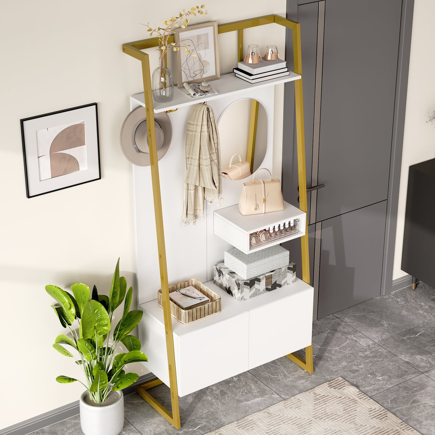 Gigab2b original image - Moderne minimalistische  Kompaktgarderobe, offener multifunktionaler Aufbewahrungsschrank mit Spiegel, Metallhaken,Garderobenständer mit Schuhbank, Garderobe, Schuhaufbewahrung,Kleiderständer,