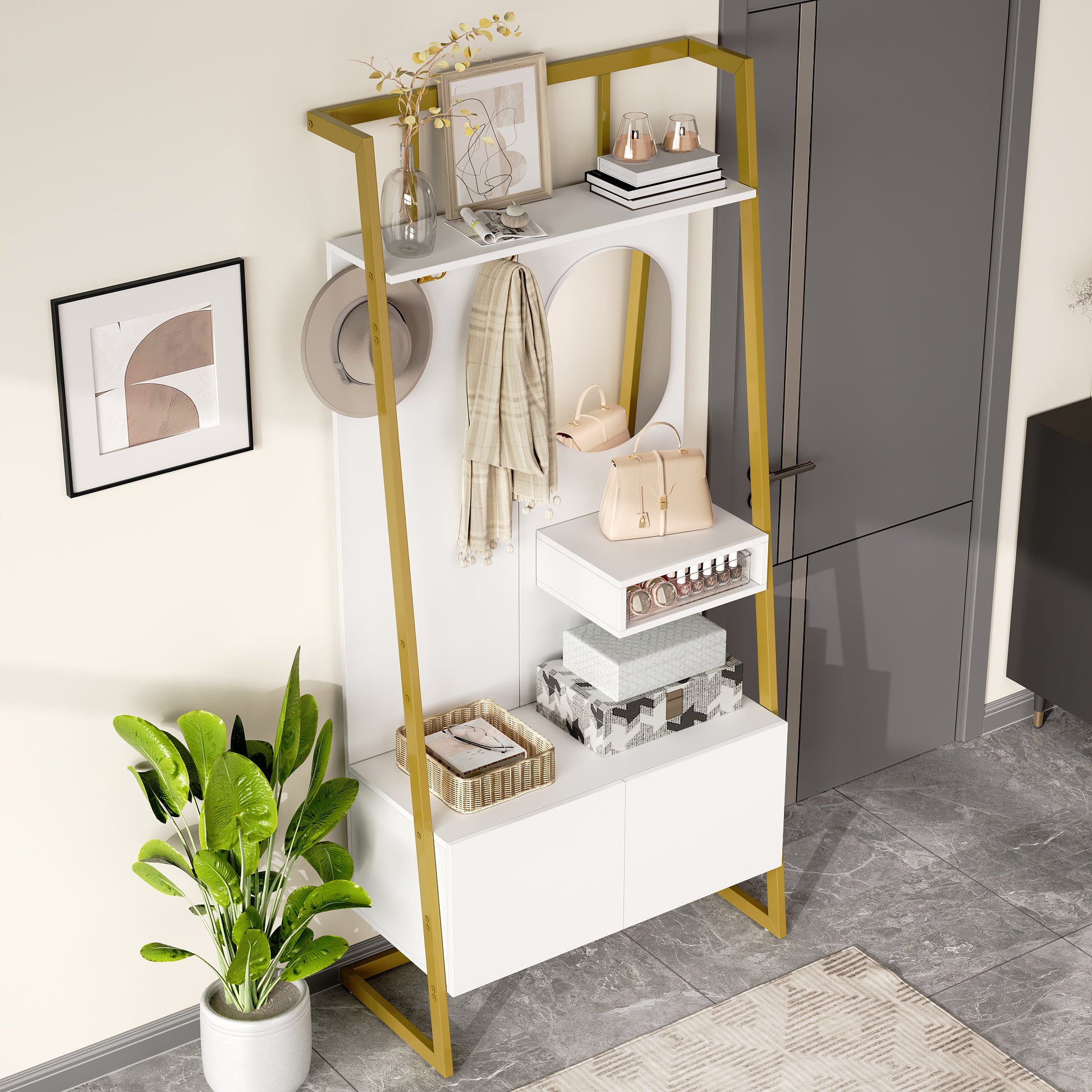 Gigab2b original image - Moderne minimalistische  Kompaktgarderobe, offener multifunktionaler Aufbewahrungsschrank mit Spiegel, Metallhaken,Garderobenständer mit Schuhbank, Garderobe, Schuhaufbewahrung,Kleiderständer,