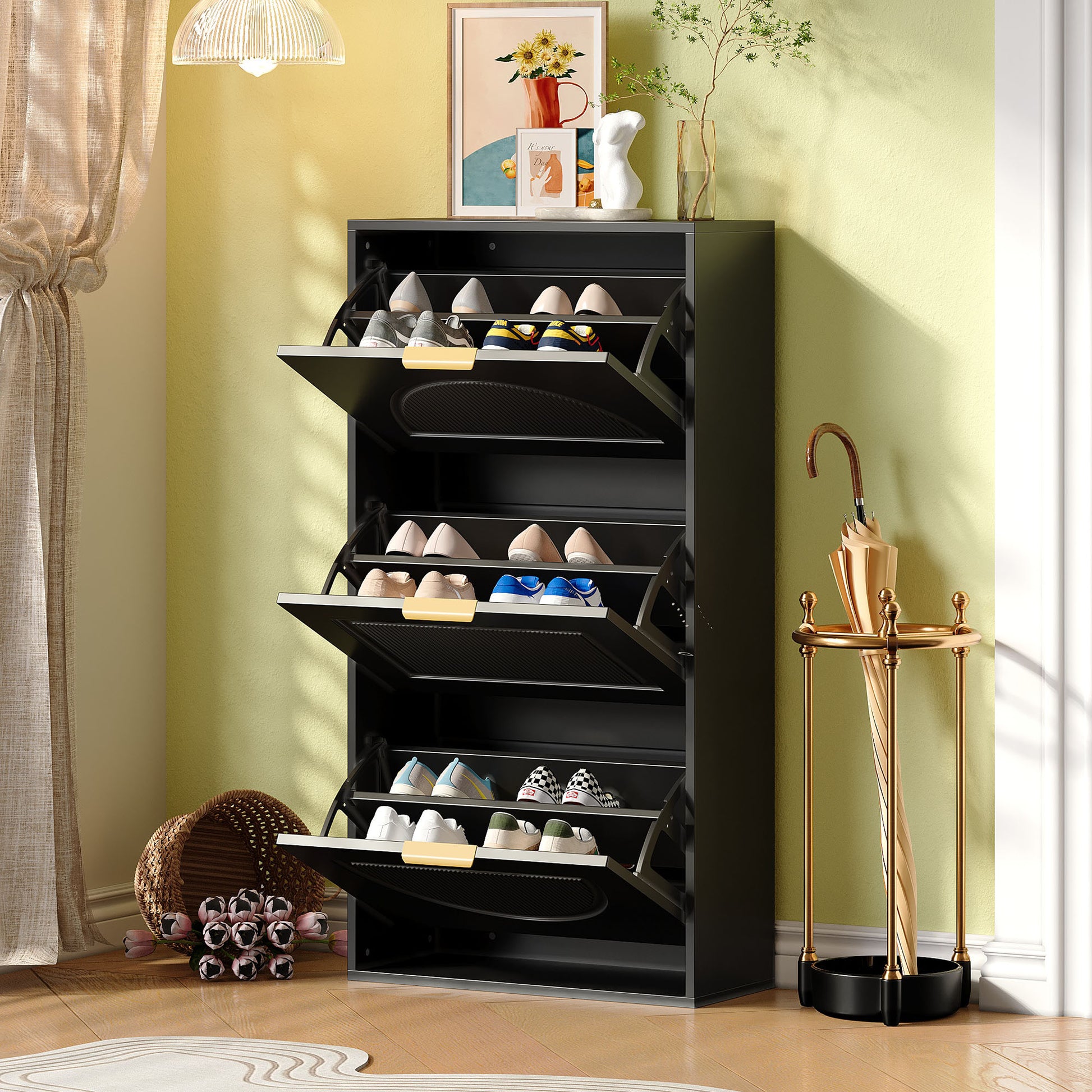 Gigab2b original image - Schuhkipper Schmal mit 3 Klappen, Schuhschrank, Schuhschrank  Schuhkommode für Flur Wohnzimmer ,Schwarz, Maße:60 x 24 x 114cm(OLD SKU N657P285156S)