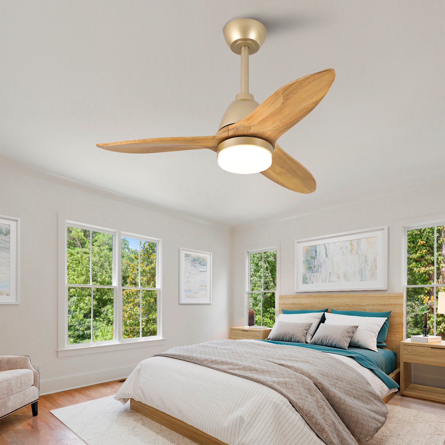 36-Zoll moderner naturholzfarbener Deckenventilator, dimmbar in 3 Farbtönen, massive Holzflügel, Steuergriff, reversibler DC-Motor, Speicherfunktion, elegantes Finish für die Wohnraumdekoration