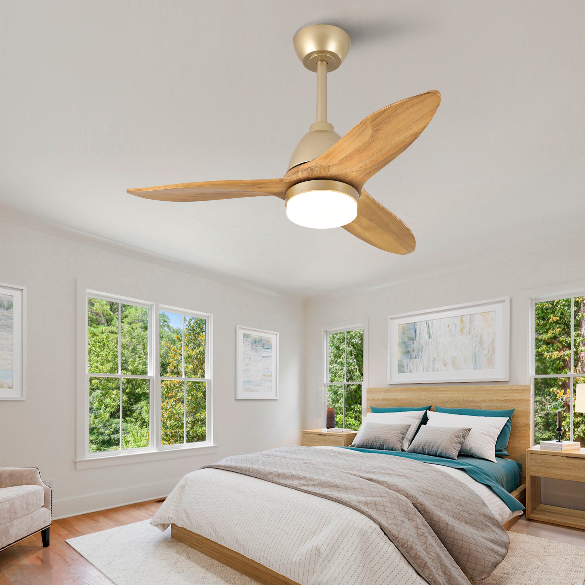 36-Zoll moderner naturholzfarbener Deckenventilator, dimmbar in 3 Farbtönen, massive Holzflügel, Steuergriff, reversibler DC-Motor, Speicherfunktion, elegantes Finish für die Wohnraumdekoration