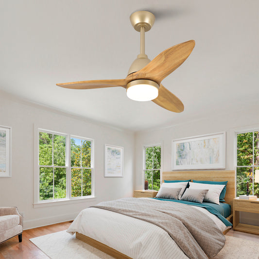 36-Zoll moderner naturholzfarbener Deckenventilator, dimmbar in 3 Farbtönen, massive Holzflügel, Steuergriff, reversibler DC-Motor, Speicherfunktion, elegantes Finish für die Wohnraumdekoration