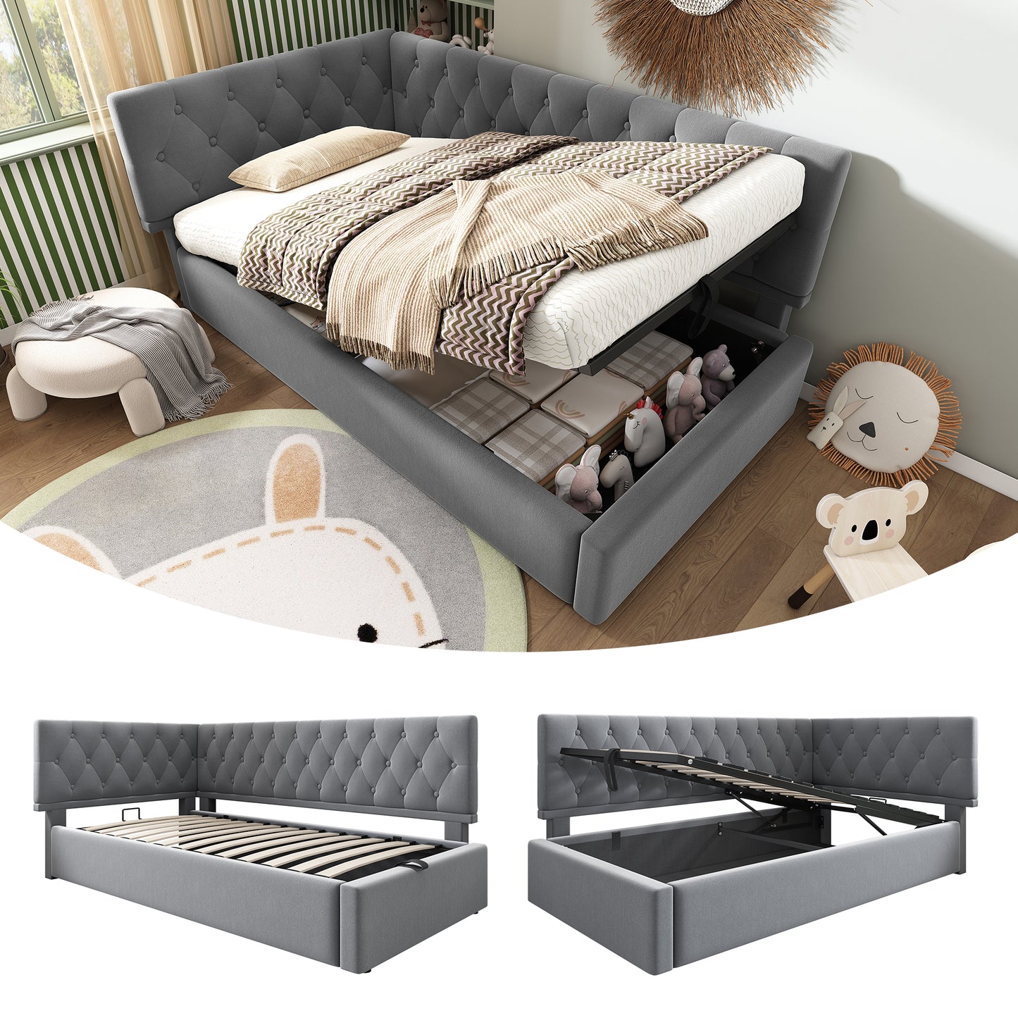 Gigab2b original image - Polsterbett Tagesbett Daybett 90x190cm, Schlafsofa mit hydraulischem Stauraum, Kinderbett Jugendbett Bettgestell mit Lattenrost aus Holz, Samt, Grau, ohne Matratze.