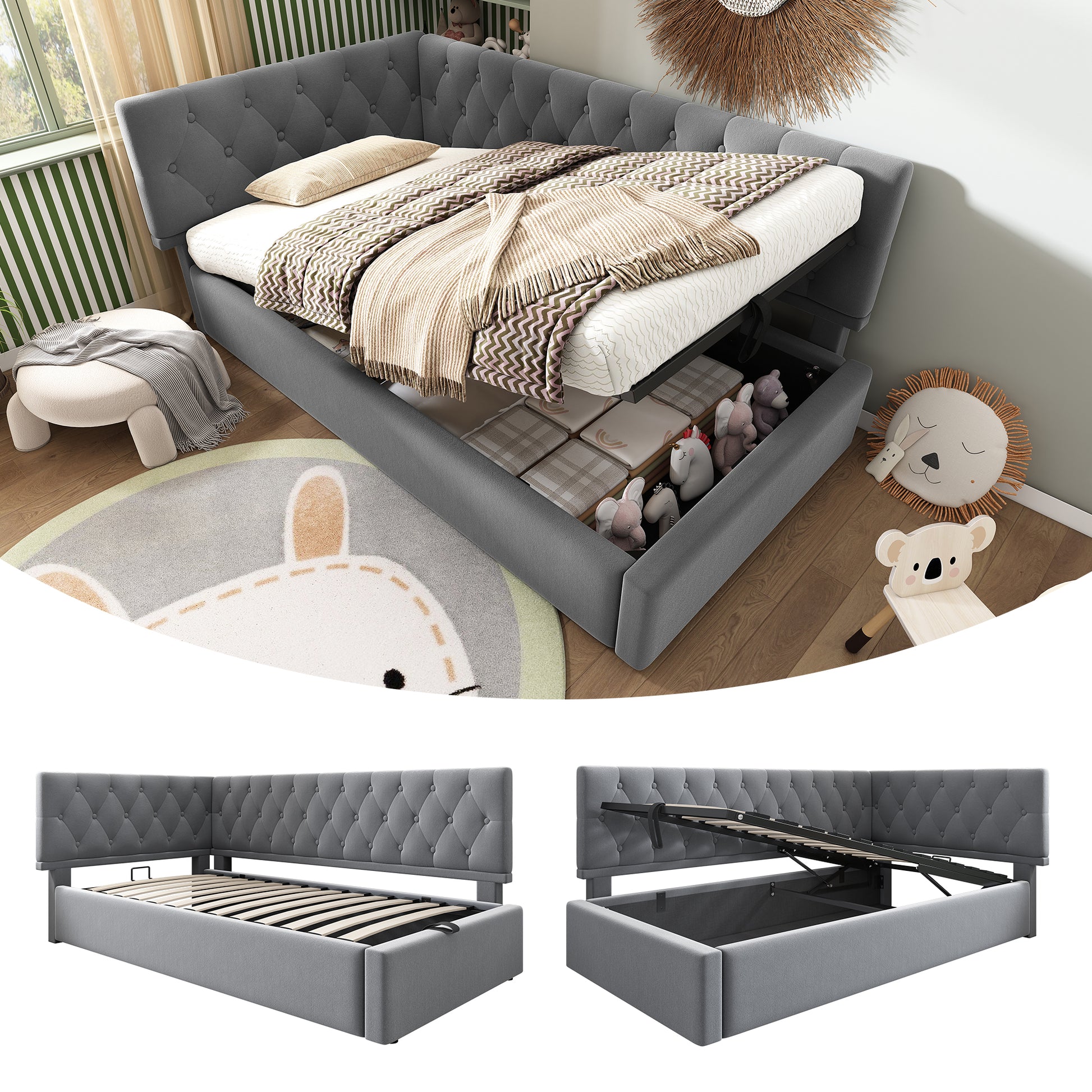 Gigab2b original image - Polsterbett Tagesbett Daybett 90x190cm, Schlafsofa mit hydraulischem Stauraum, Kinderbett Jugendbett Bettgestell mit Lattenrost aus Holz, Samt, Grau, ohne Matratze.