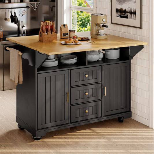 Gigab2b original image - Kücheninsel, Schrank, Buffetschrank 120 x 40 (80) x 95 cm, ausziehbarer Küchenwagen mit Rollen, beidseitig ausziehbar, mit Handtuchhalter und Gewürzregal, zwei Türen, drei Schubladen, schwarz/weiß