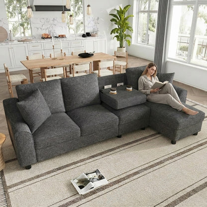 Gigab2b original image - Modernes Chenille L-Form Sofa 3-Sitzer + Chaiselongue Ecksofa, Chaiselongue mit aufklappbarem Stauraum, klappbare Rückenlehne mit Getränkehaltern, multifunktionales modulares Sofa, Grau, 280×136×82cm