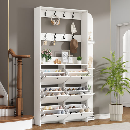 120 x 24 x 200 cm, Garderobenständer für den Eingangsbereich, 3-in-1 multifunktionaler Schuhschrank, Klapptür, 8 Haken,Kompaktgarderobe,Wohnzimmerschrank mit 5 Ablageflächen,Weiß