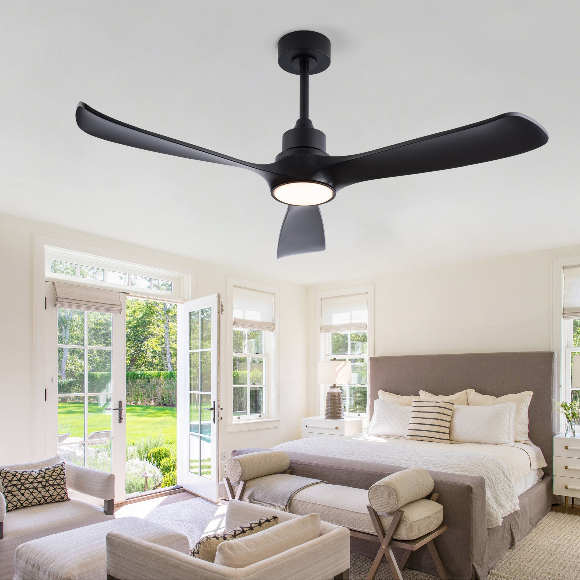 52-Zoll schwarzer Deckenventilator mit Licht und Fernbedienung, reversiblem DC-Motor, 3 Farbtemperaturen, moderner Deckenventilator mit Licht für Innen- und Außenbereich, geeignet für Schlafzimmer, Wo