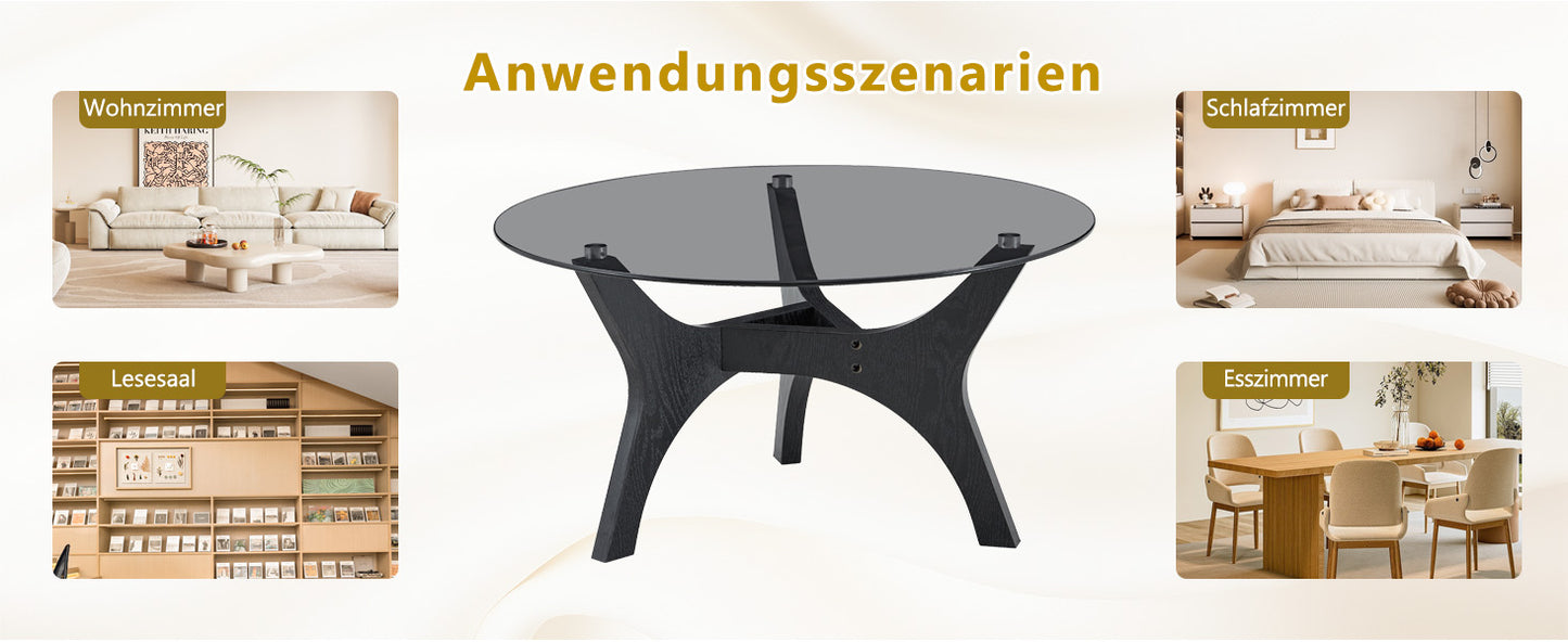Runder Couchtisch mit Glasplatte, Moderner Wohnzimmertisch mit schwarzem Holzrahmen, Stabiler Kaffeetisch 80cm, Hitze- & Kratzfest, für Wohnzimmer, Büro & Lounge