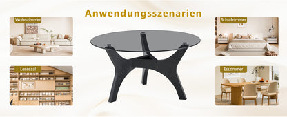 Runder Couchtisch mit Glasplatte, Moderner Wohnzimmertisch mit schwarzem Holzrahmen, Stabiler Kaffeetisch 80cm, Hitze- & Kratzfest, für Wohnzimmer, Büro & Lounge