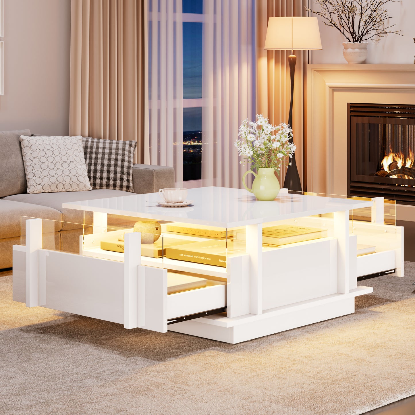 70*70*35cm Hochglanz Couchtisch mit 2 Schubladen, LED-Leuchten und Transparente Acryl-Trennwand. Kaffeetish, Wohnzimmertisch, Sofatisch,Beistelltisch,geeignet für kleine Räum, Weiß
