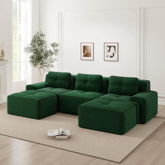 Cloud Modulsofa Boneless U-förmiges Sofa, Modulares Sofa mit Ottoman, Modulares Cloud-Sofa, 3-Sitzer Corduroy-Cloud-Sofa für Wohnzimmer, Montagefreies Sofa, Grün