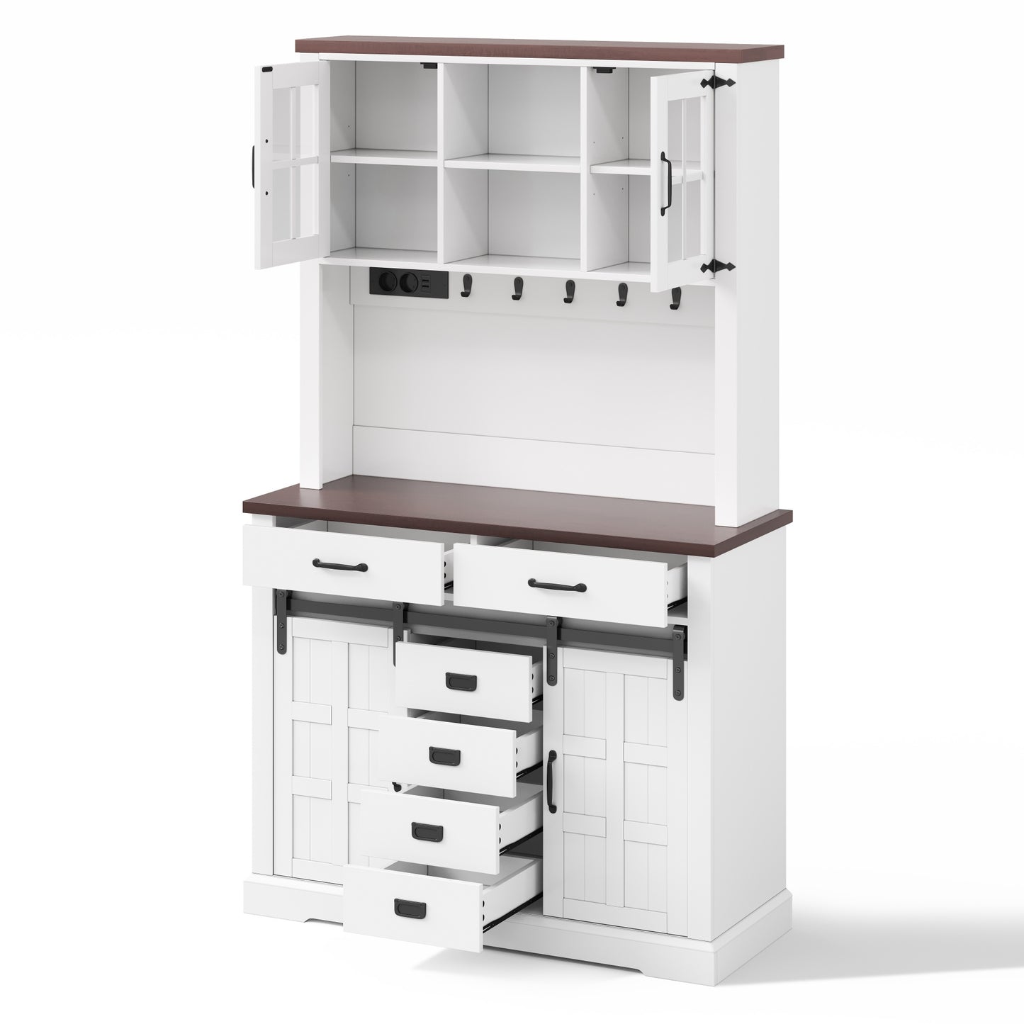 Küchenschrank, Buffetschrank, Sideboard mit Steckdose und LED-Beleuchtung, Küchenmöbel mit Arbeitsplatte, 6 Schubladen, verstellbare Einlegeböden, Haken, 180 × 108 × 40 cm, Weiß