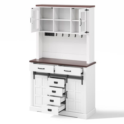 Küchenschrank, Buffetschrank, Sideboard mit Steckdose und LED-Beleuchtung, Küchenmöbel mit Arbeitsplatte, 6 Schubladen, verstellbare Einlegeböden, Haken, 180 × 108 × 40 cm, Weiß