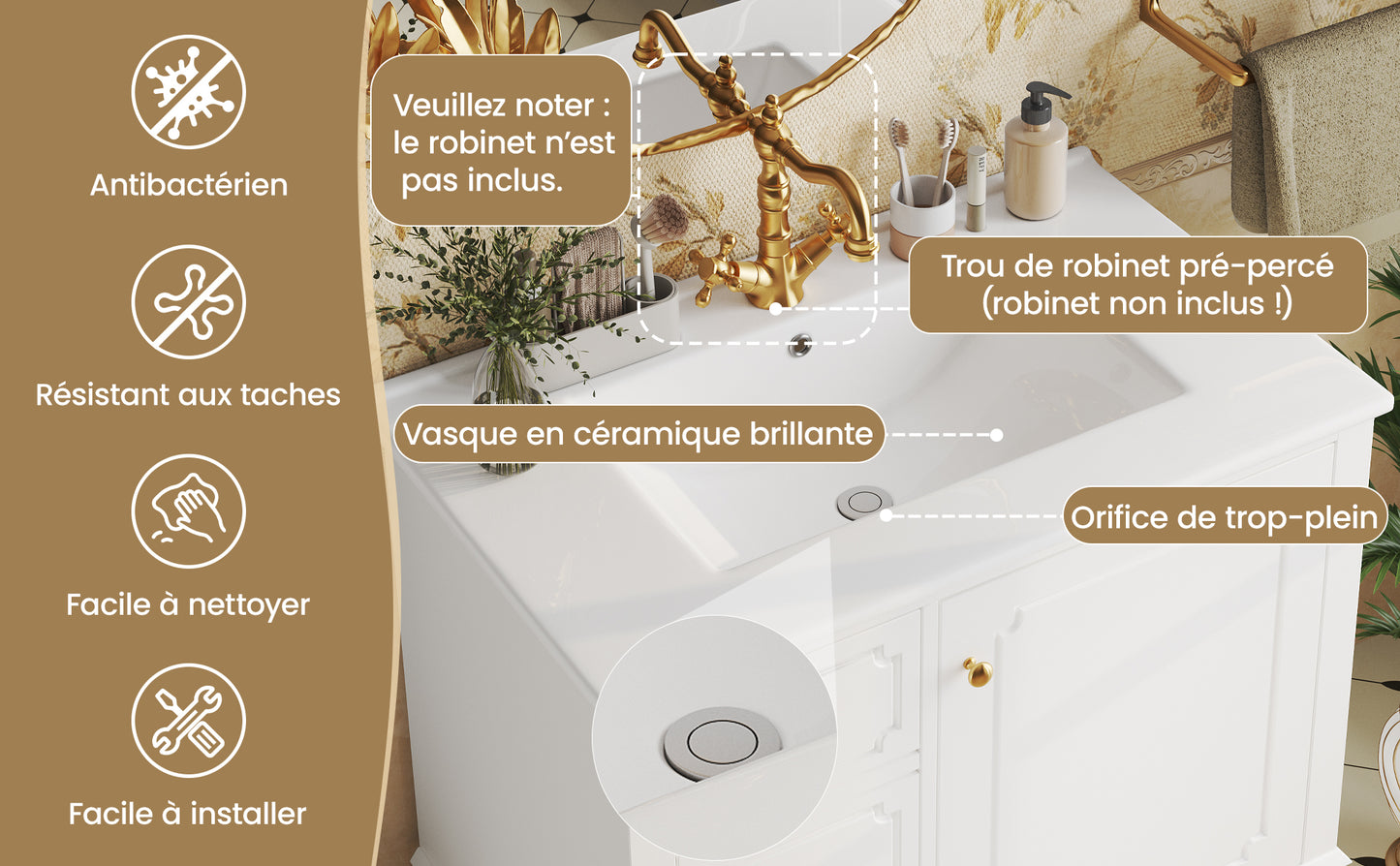 Badezimmer Waschbeckenunterschrank 76,5cm mit Keramikwaschbecken & Goldgriffen – Antibakteriell, mit Überlaufloch & viel Stauraum Weiß