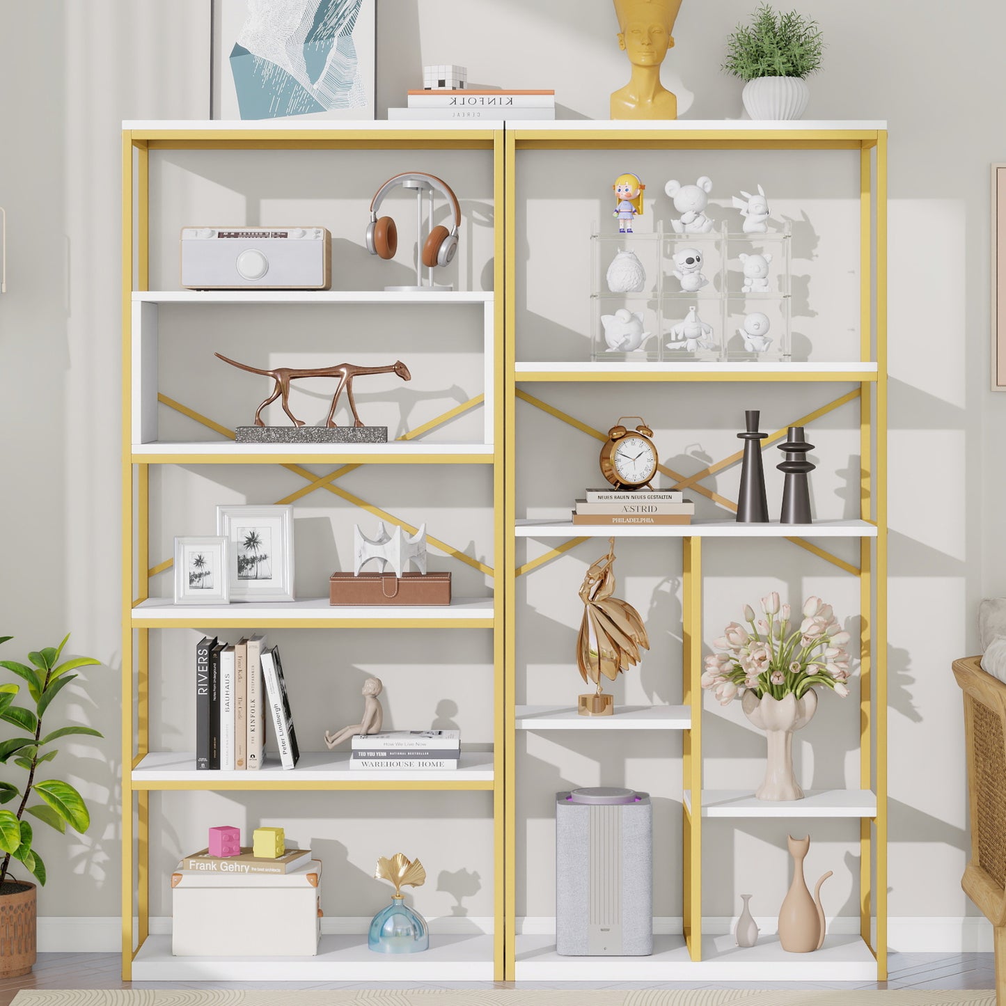 160 x 29.5 x 180 cm Regal im modern-minimalistischen Stil, Stahlrohr + MDF, stabile rechteckige Struktur, gold-weißes Farbschema, leicht zu montieren und zu reinigen, Gold + Weiß