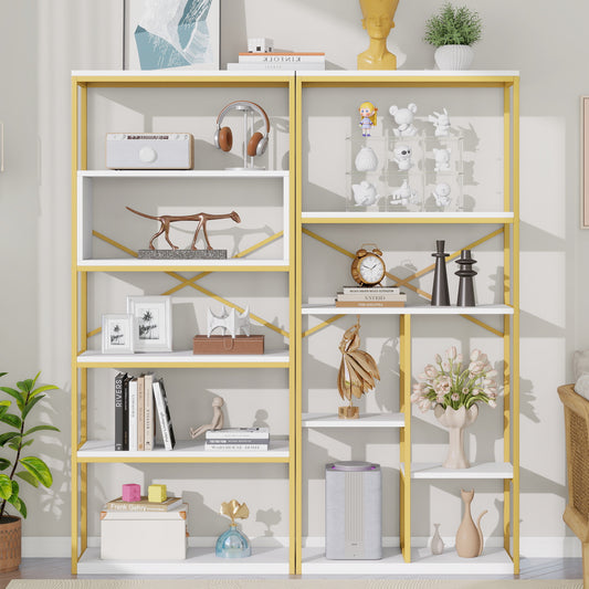 160 x 29.5 x 180 cm Regal im modern-minimalistischen Stil, Stahlrohr + MDF, stabile rechteckige Struktur, gold-weißes Farbschema, leicht zu montieren und zu reinigen, Gold + Weiß