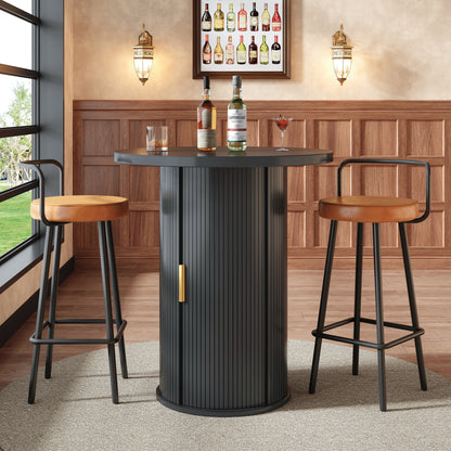 Bartisch-Set mit 2 Barhockern, Runder Stehtisch mit Stauraum & 2 ergonomischen Barhockern, MDF Holzoptik, für Bar & Wohnzimmer